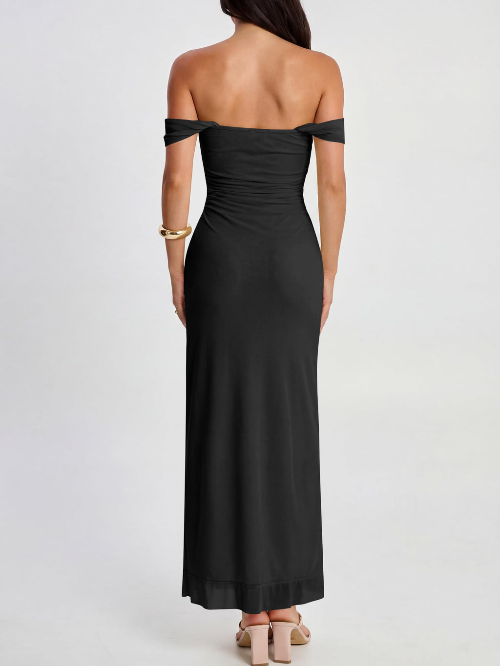Caracilia Womens Summer Off The Shoulder Formal Bodycon Maxi Dresses High Slit Ruffle Hem Mesh Wedding Guest Cocktail Dress