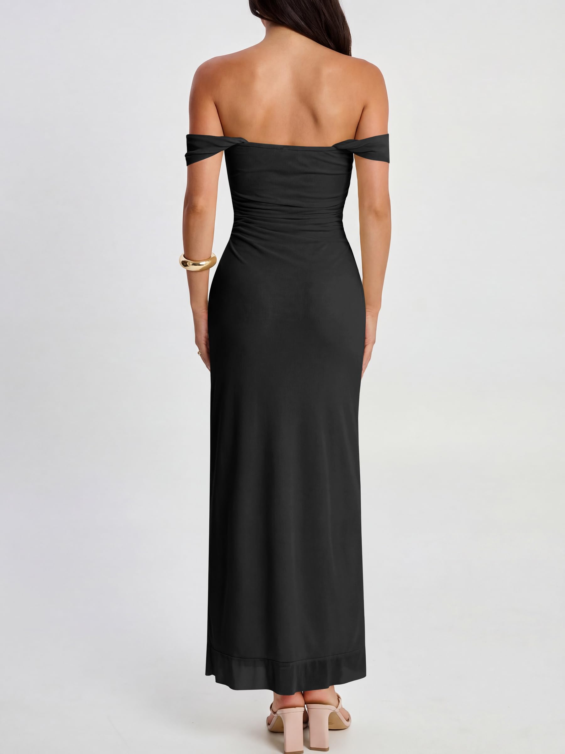 Caracilia Womens Summer Off The Shoulder Formal Bodycon Maxi Dresses High Slit Ruffle Hem Mesh Wedding Guest Cocktail Dress