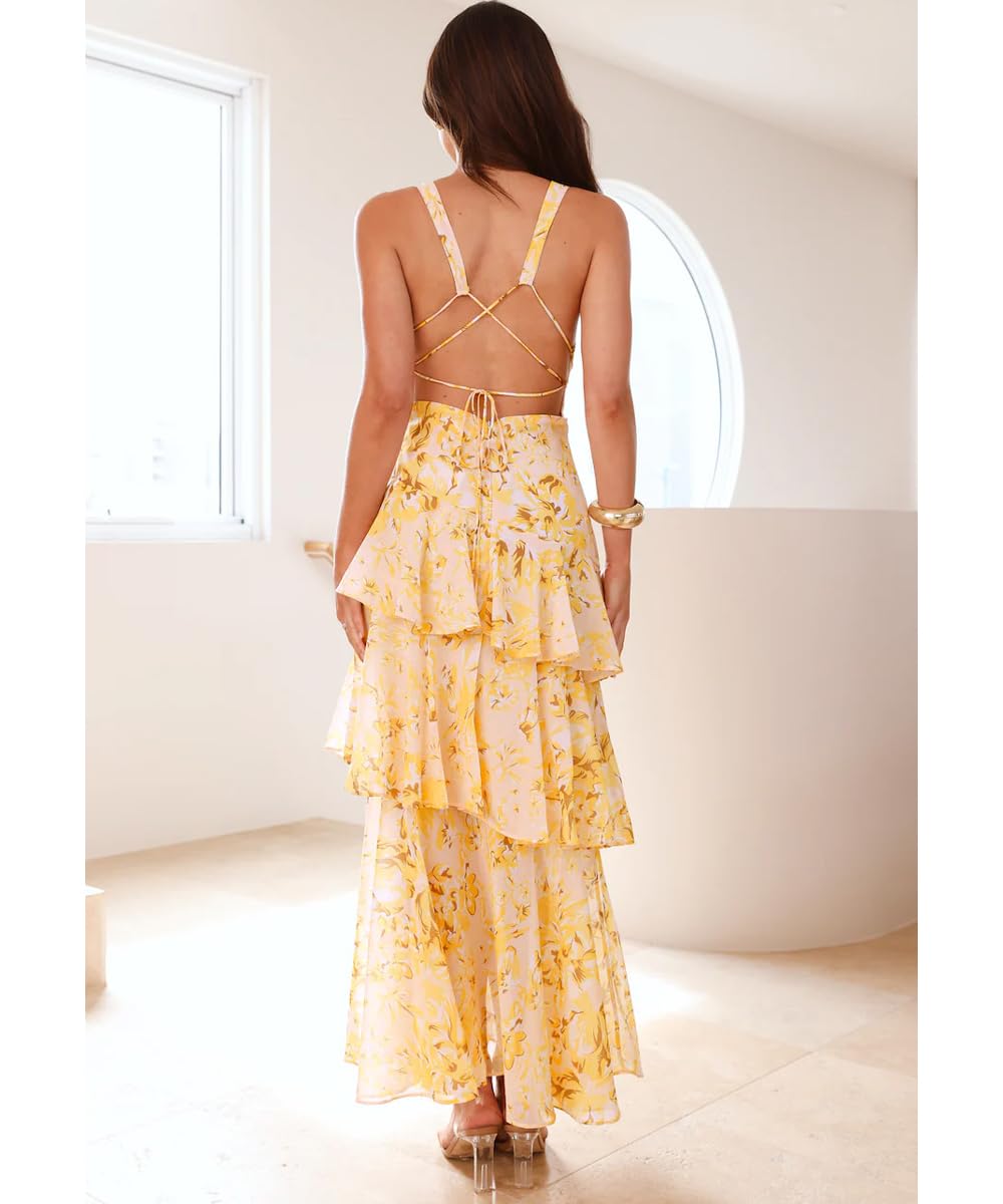 Women's Floral Maxi Dress Sexy Deep V Neck Backless Ruffles Dresses Beach Party Wedding Guest Dress