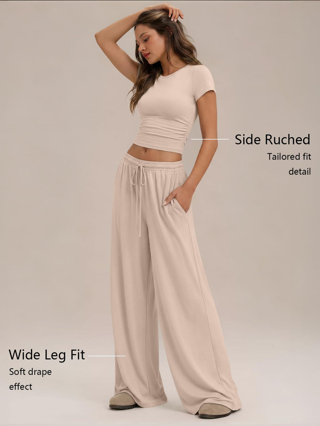 Trendy Queen 2 Piece Matching Summer Lounge Set Womens Side Ruching Top Wide Leg Pants Sets with Pockets - Almond