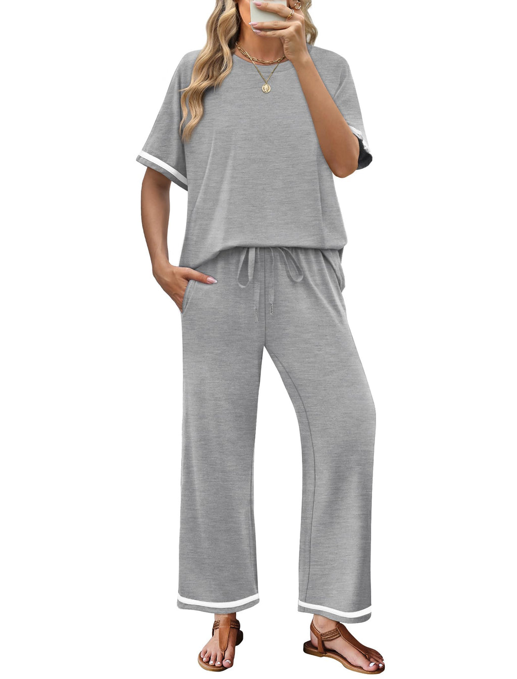 Sampeel 2 Piece Sets for Women Casual Summer Travel Vacation Outfits Short Sleeve Lounge Set