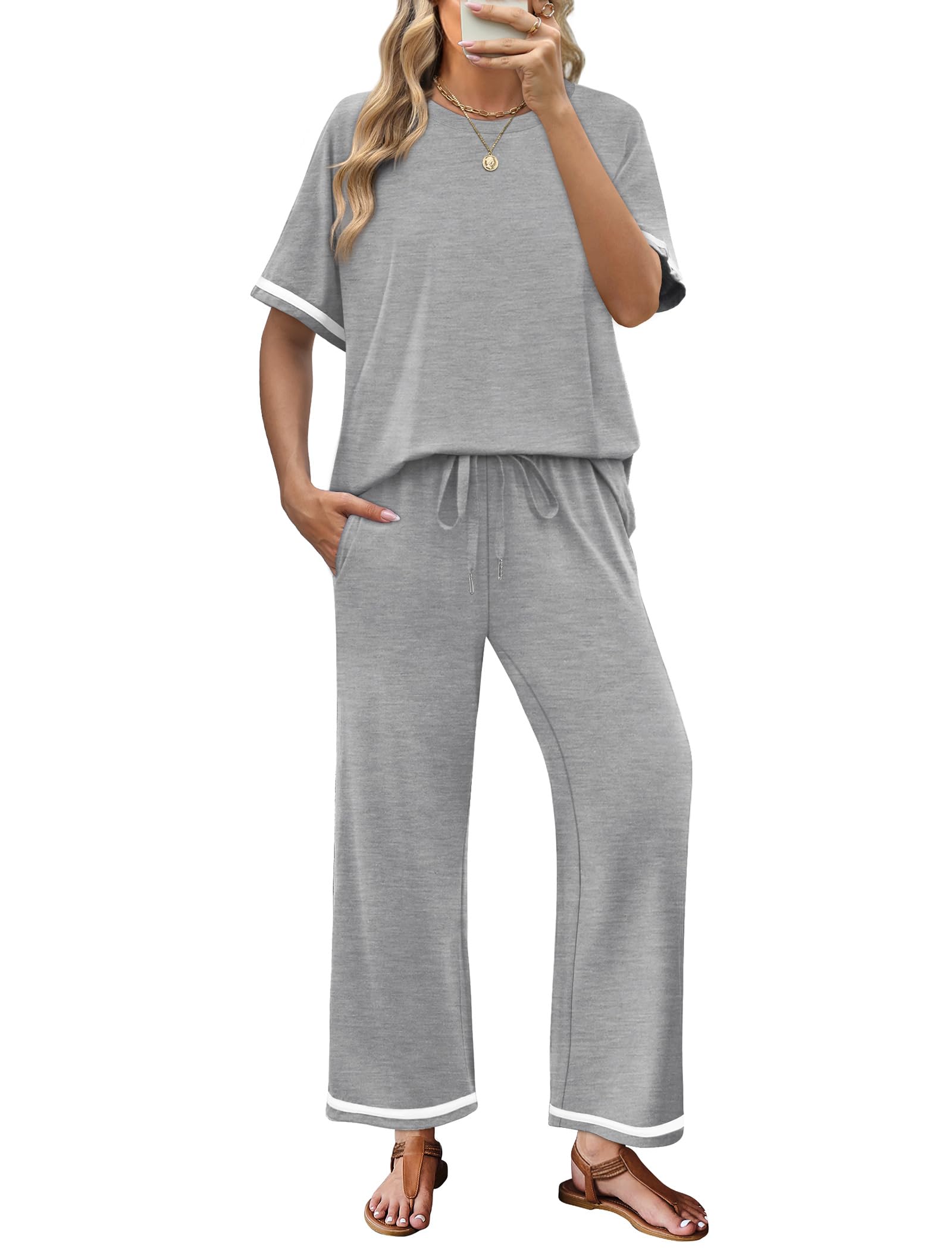 Sampeel 2 Piece Sets for Women Casual Summer Travel Vacation Outfits Short Sleeve Lounge Set