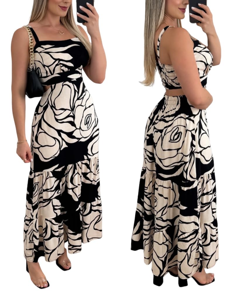 Floral Boho Square-Neck Maxi Dress for Summer Vacation