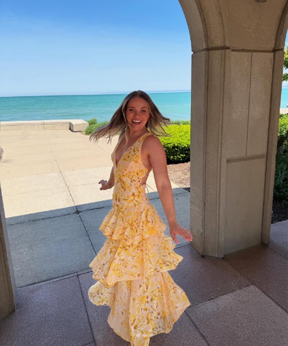 Women's Floral Maxi Dress Sexy Deep V Neck Backless Ruffles Dresses Beach Party Wedding Guest Dress