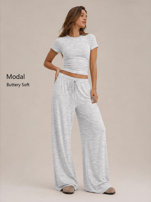Trendy Queen 2 Piece Matching Summer Lounge Set Womens Side Ruching Top Wide Leg Pants Sets with Pockets
