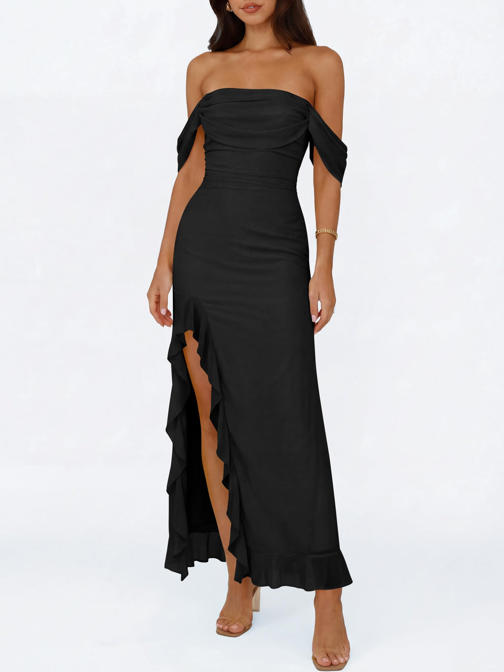 Caracilia Womens Summer Off The Shoulder Formal Bodycon Maxi Dresses High Slit Ruffle Hem Mesh Wedding Guest Cocktail Dress