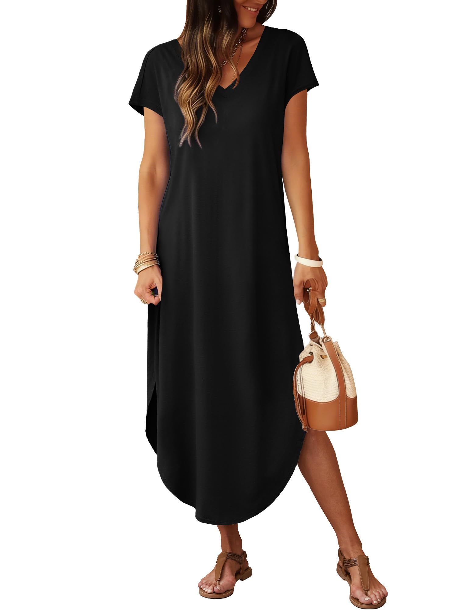 Summer Casual Maxi Dresses for Women Cap Sleeve Long Sundress with Pockets