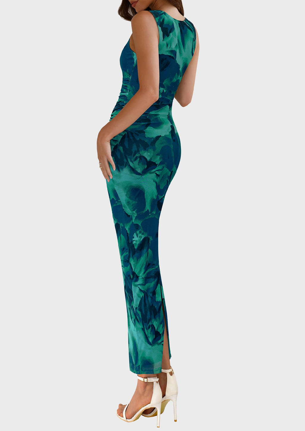 PRETTYGARDEN Womens Summer Wedding Guest Dress 2026 Spring Mesh Sleeveless Bodycon Ruched Floral Holiday Maxi Long Dresses