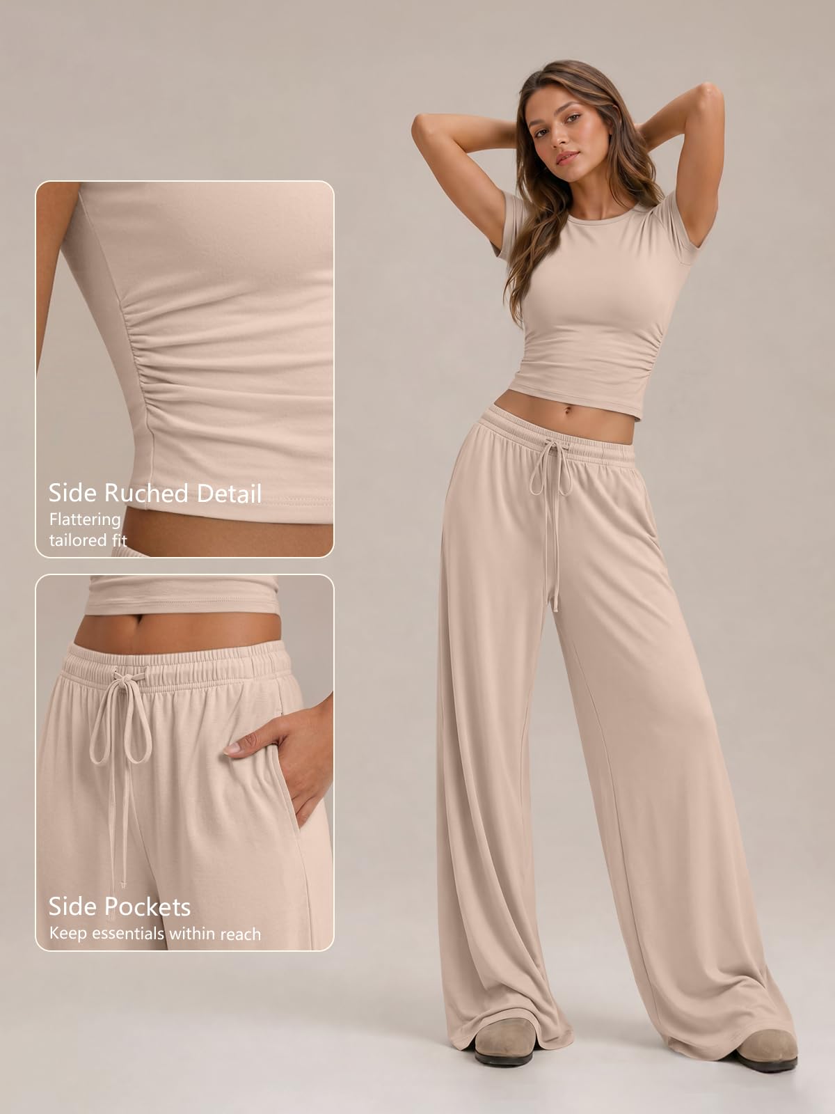 Trendy Queen 2 Piece Matching Summer Lounge Set Womens Side Ruching Top Wide Leg Pants Sets with Pockets - Almond