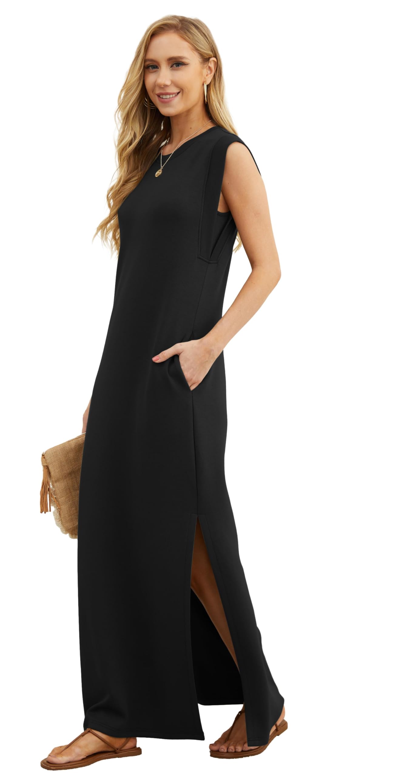 GRECERELLE 2026 Women Year-Round Casual Round Neck Loose Split Wrinkle-Free Long Maxi Vacation Dress with Pockets (XXS-4XL)