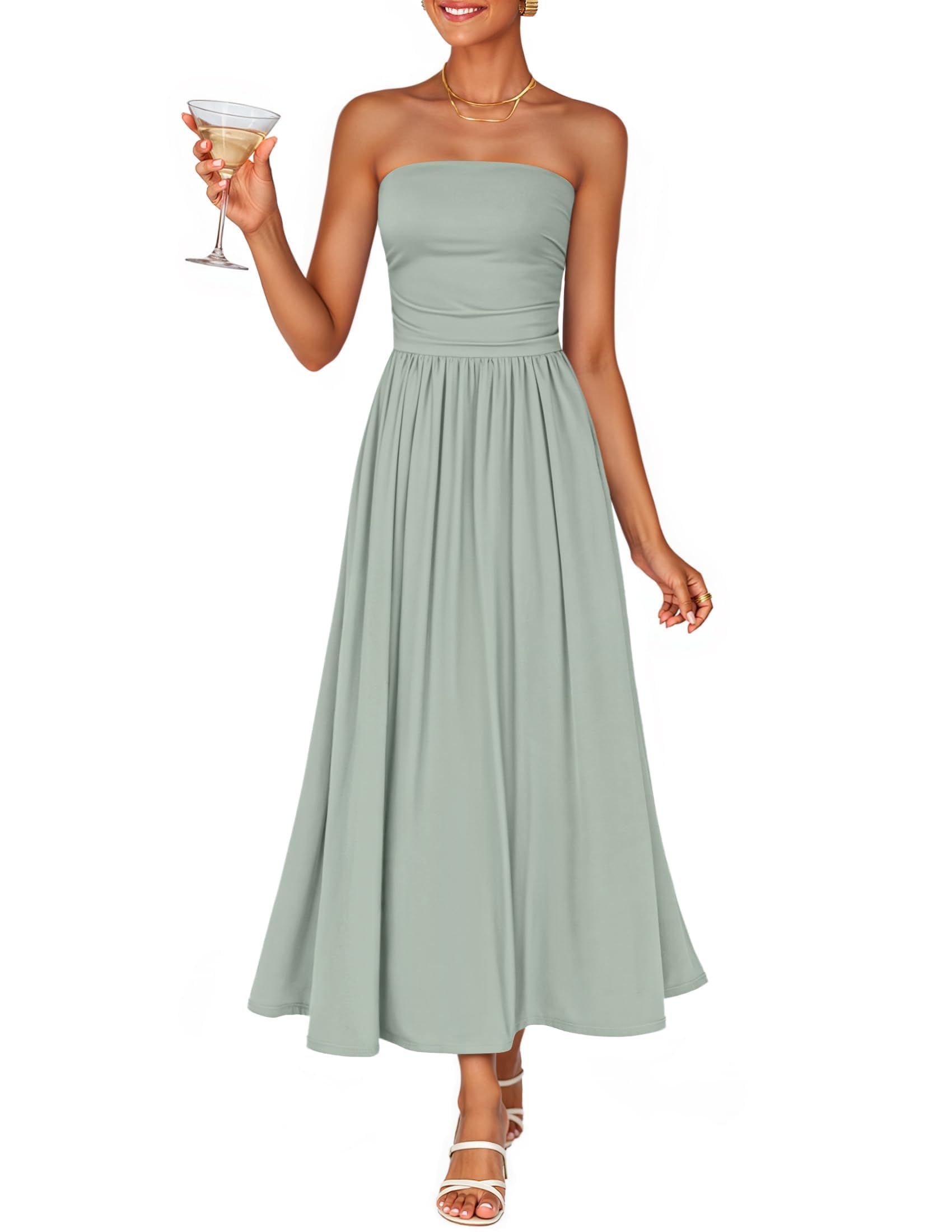 Strapless Sleeveless Ruched Midi Dress for Wedding Guests