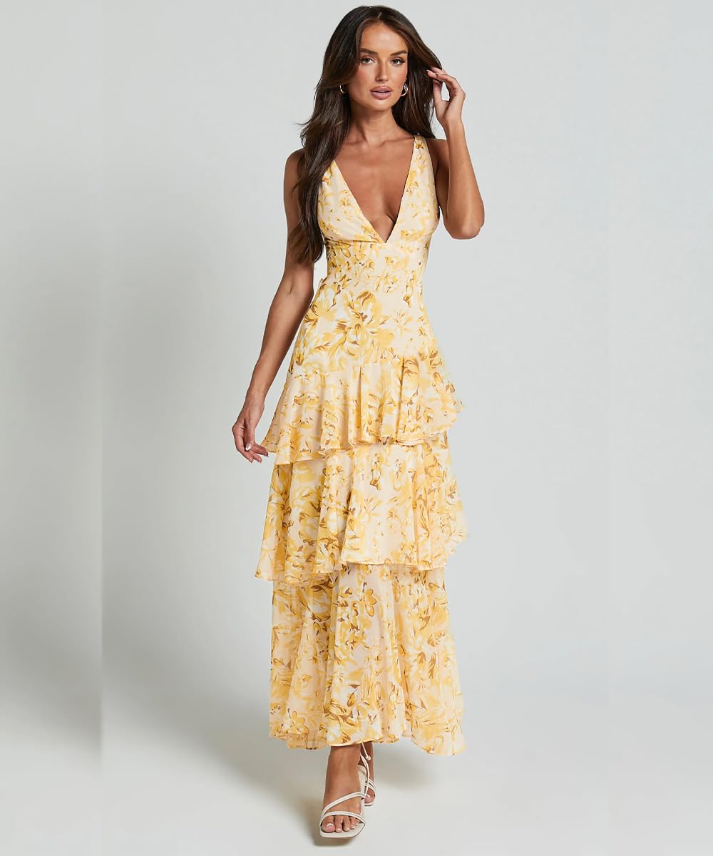 Women's Floral Maxi Dress Sexy Deep V Neck Backless Ruffles Dresses Beach Party Wedding Guest Dress