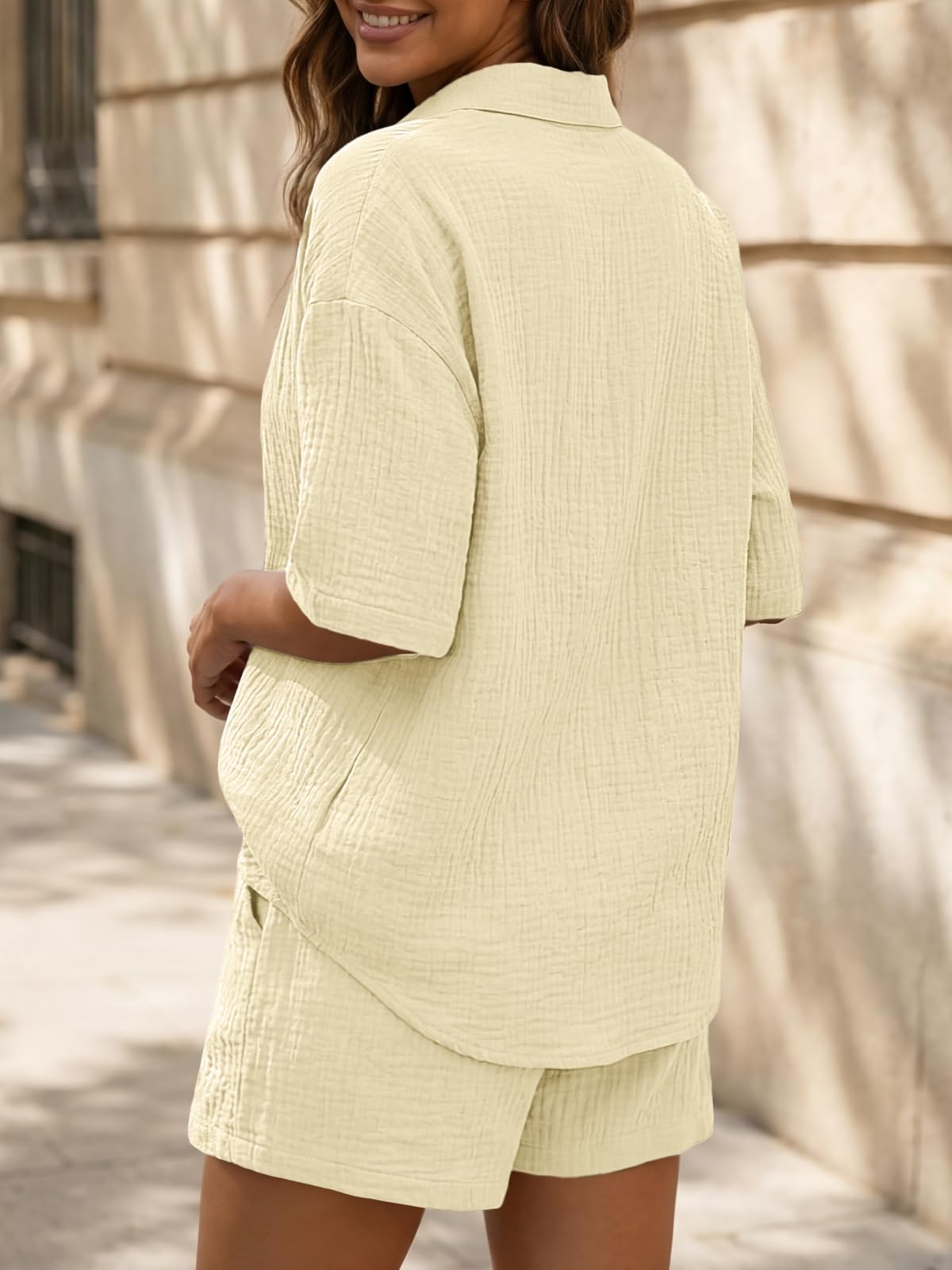 LILLUSORY Women 2 Piece Linen Short Sets 2026 Summer Vacation V Neck Short Sleeve Beach Outfits Oversized Button Cotton Pjs