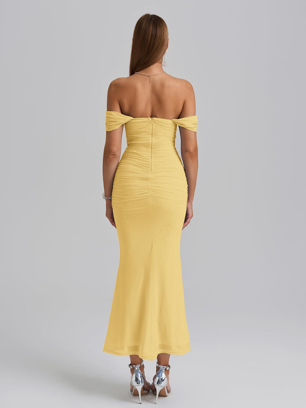 KUTUMAI Off The Shoulder Maxi Long Dress Corset Ruched Bodycon Cocktail Formal Wedding Guest Dresses for Women