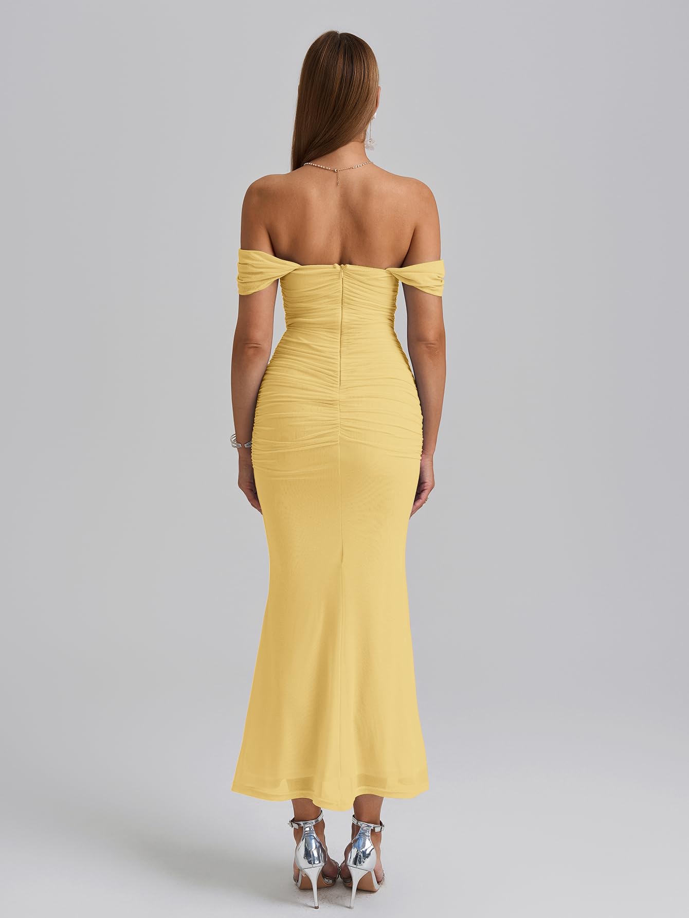 KUTUMAI Off The Shoulder Maxi Long Dress Corset Ruched Bodycon Cocktail Formal Wedding Guest Dresses for Women