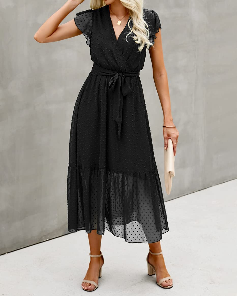 BTFBM Women Summer Bohemian Floral Casual Wrap V Neck Ruffle Cap Sleeveless Belt A-Line Pleated Hem Midi Sun Dress White