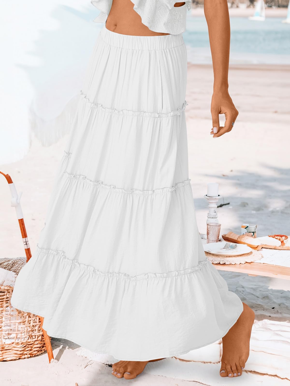 Trendy Queen Vacation Outfits Long Skirts for Women Boho Maxi Skirt Elastic High Waist Dress with Pockets Fashion
