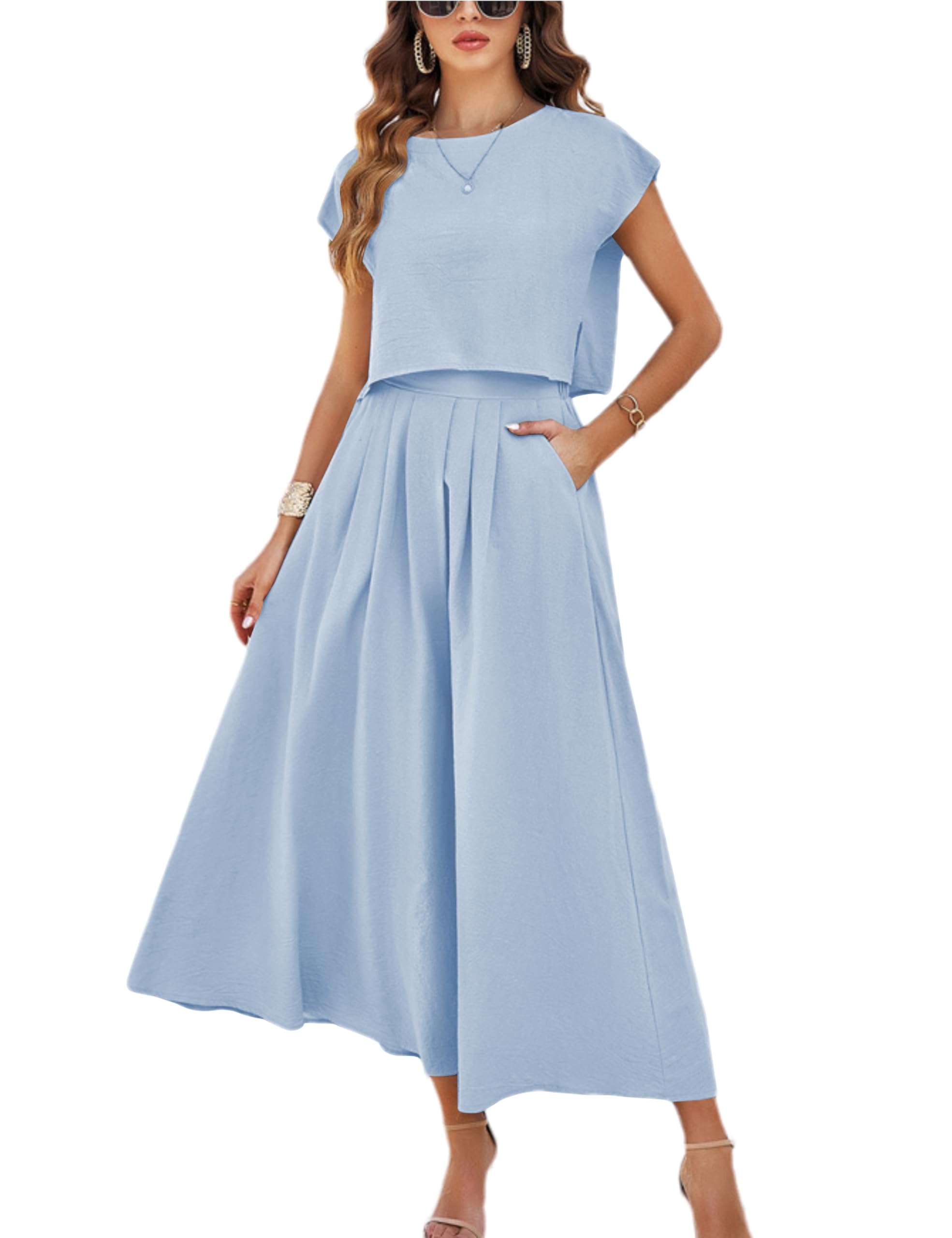 HangNiFang Summer Skirt Sets Women 2 Piece Outfits Cap Sleeve Top Elastic Waist Maxi Dress Sets with Pockets