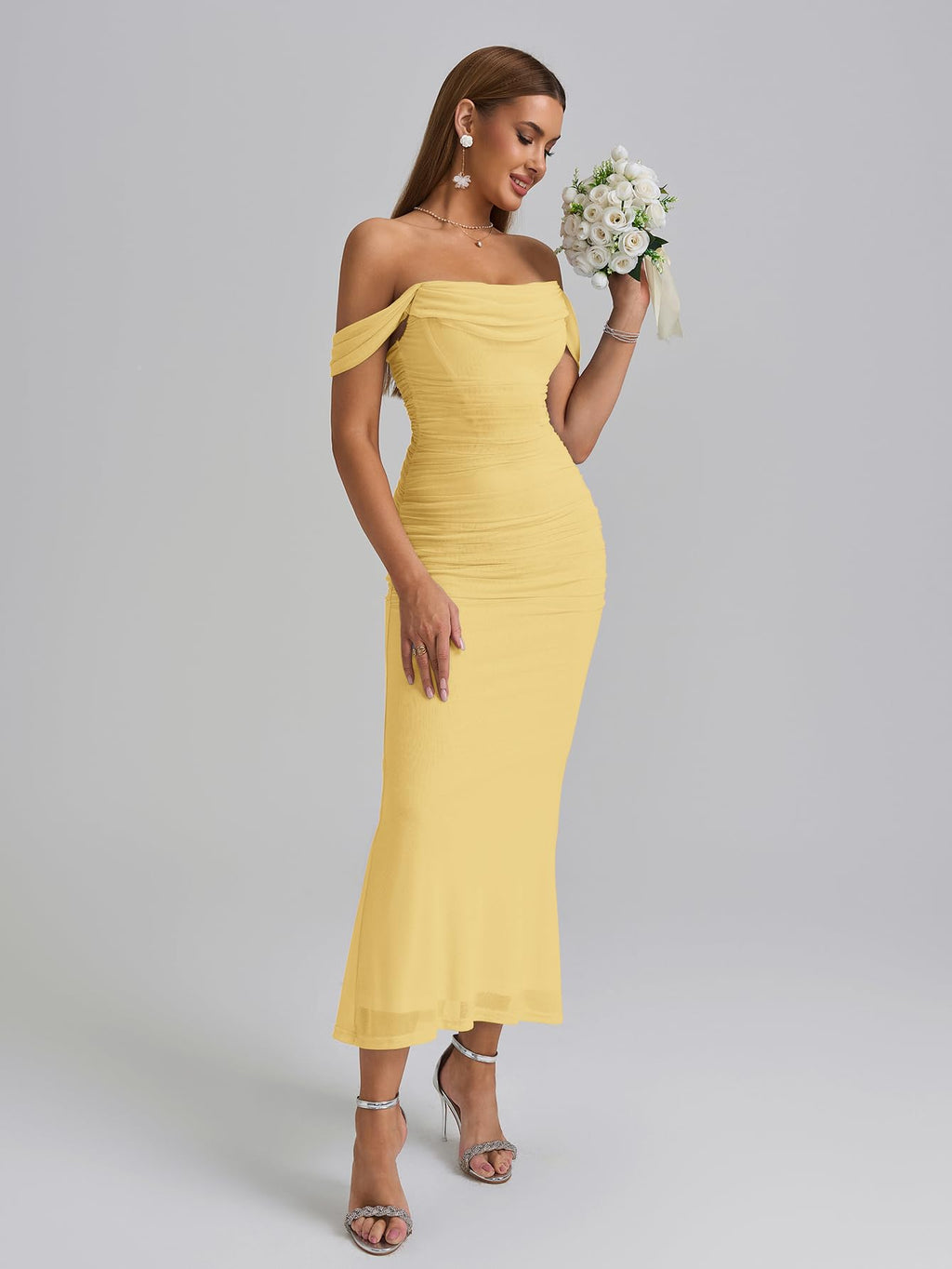 KUTUMAI Off The Shoulder Maxi Long Dress Corset Ruched Bodycon Cocktail Formal Wedding Guest Dresses for Women