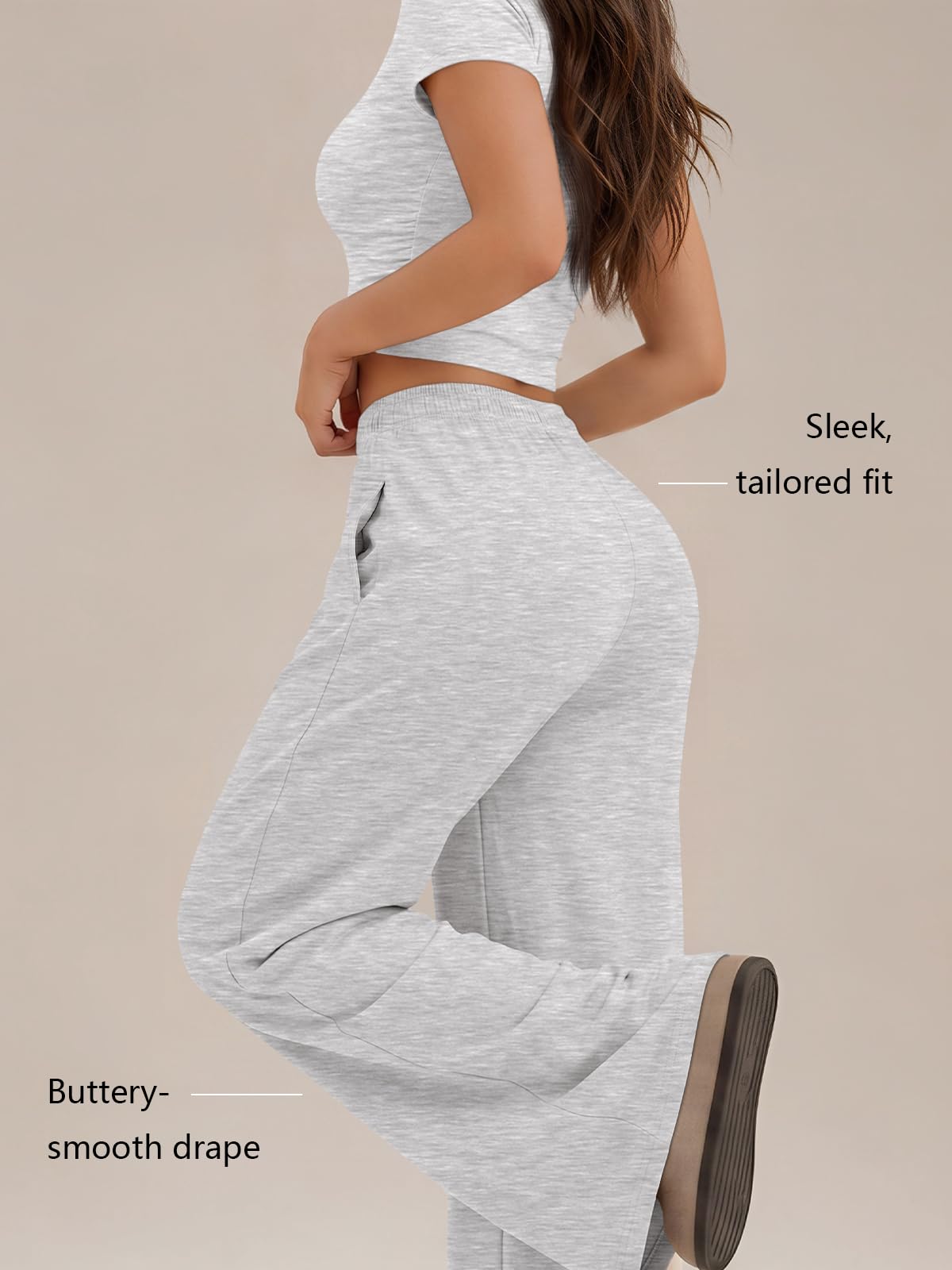 Trendy Queen 2 Piece Matching Summer Lounge Set Womens Side Ruching Top Wide Leg Pants Sets with Pockets - Almond