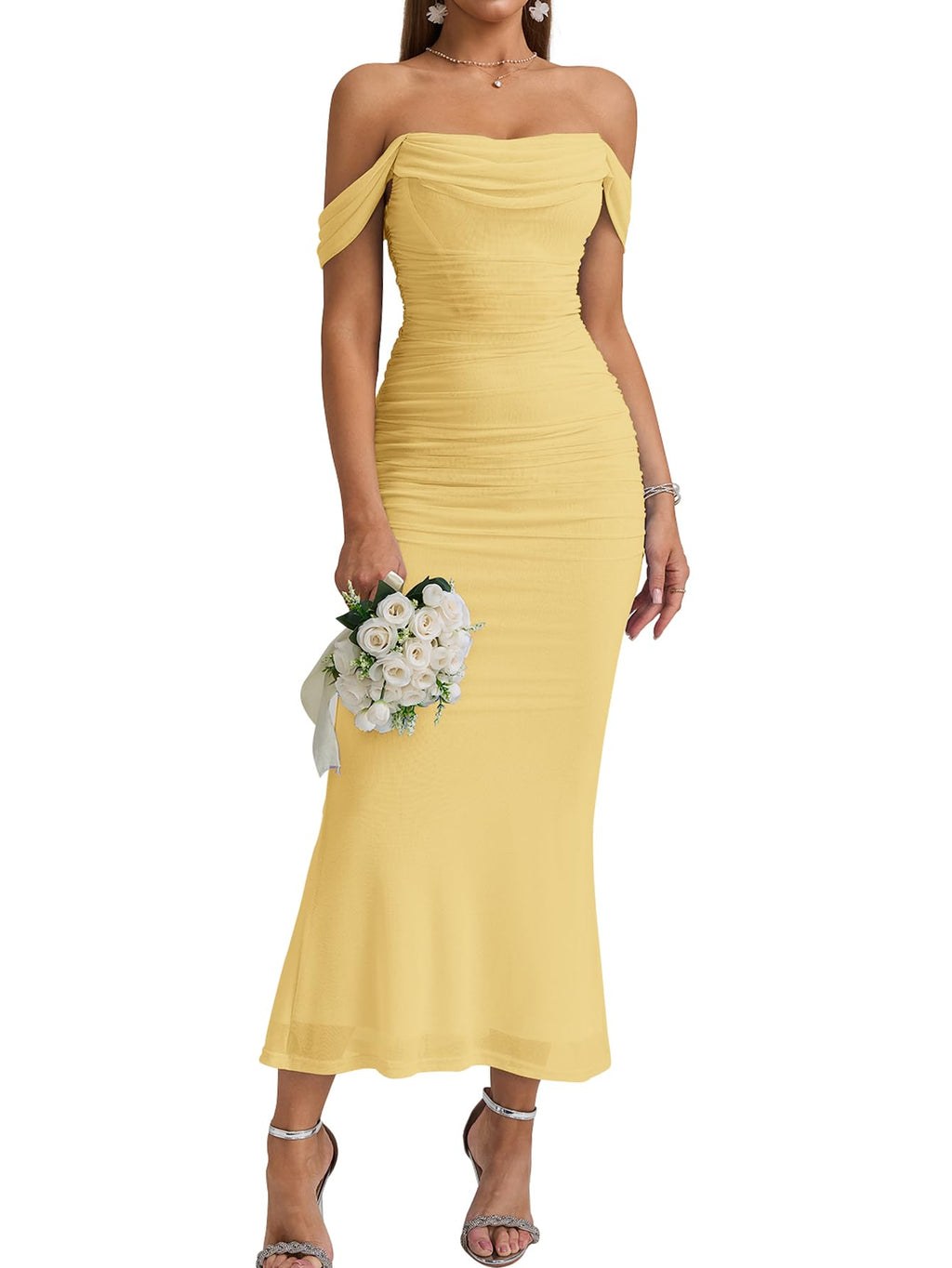 Strapless Ruched Bodycon Maxi Dress for Wedding Guests