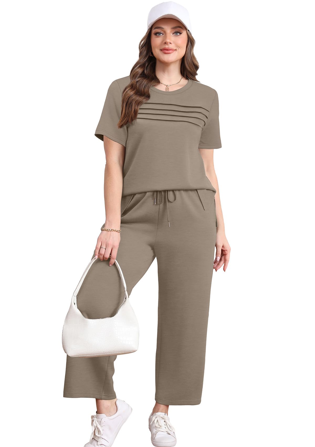 WIHOLL Two Piece Sets for Women Summer Spring Travel Vacation Outfits Short Sleeve Lounge Sets Side Slit Wide Leg Pants S-3XL