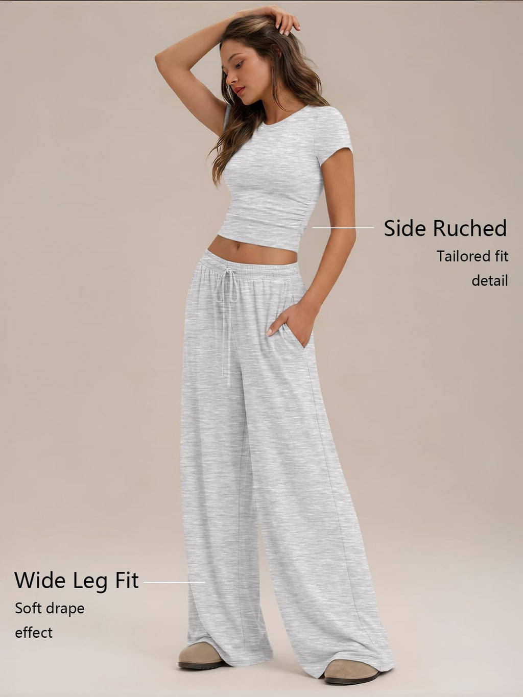 Trendy Queen 2 Piece Matching Summer Lounge Set Womens Side Ruching Top Wide Leg Pants Sets with Pockets - Almond