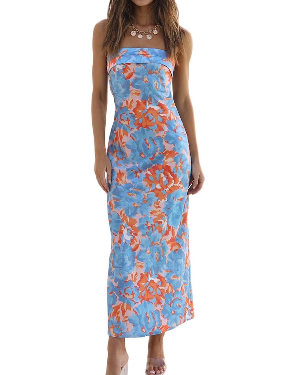 Satin Strapless Cutout Maxi Dress for Wedding Guests