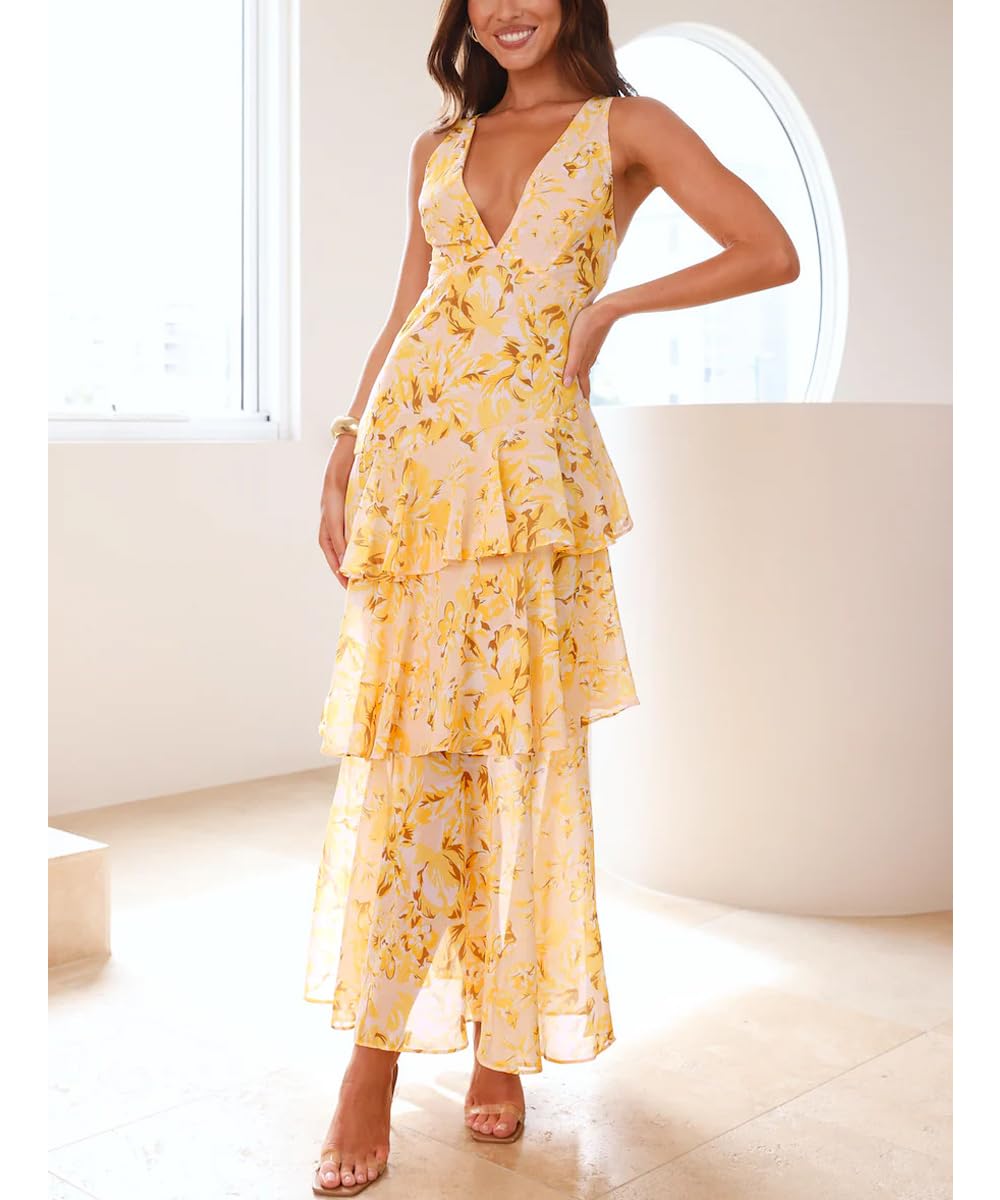 Floral V-Neck Ruffle Maxi Dress for Wedding Guests
