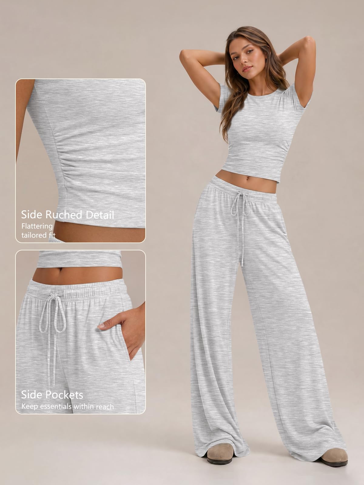 Trendy Queen 2 Piece Matching Summer Lounge Set Womens Side Ruching Top Wide Leg Pants Sets with Pockets - Almond