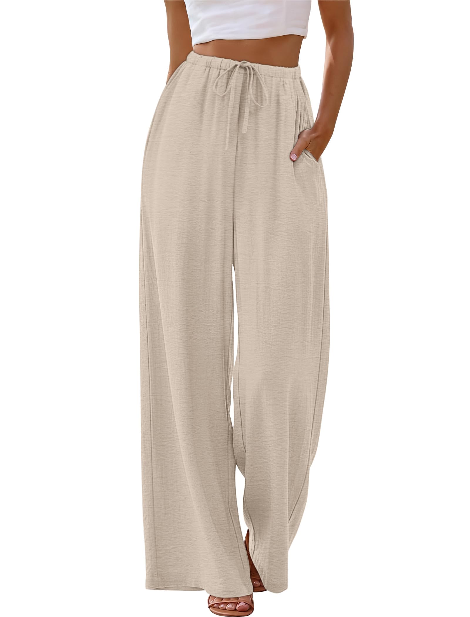 Sampeel Wide Leg Pants for Women Flowy Palazzo Drawstring Elastic Waist Trousers with Pockets Summer Beach Vacation Clothes