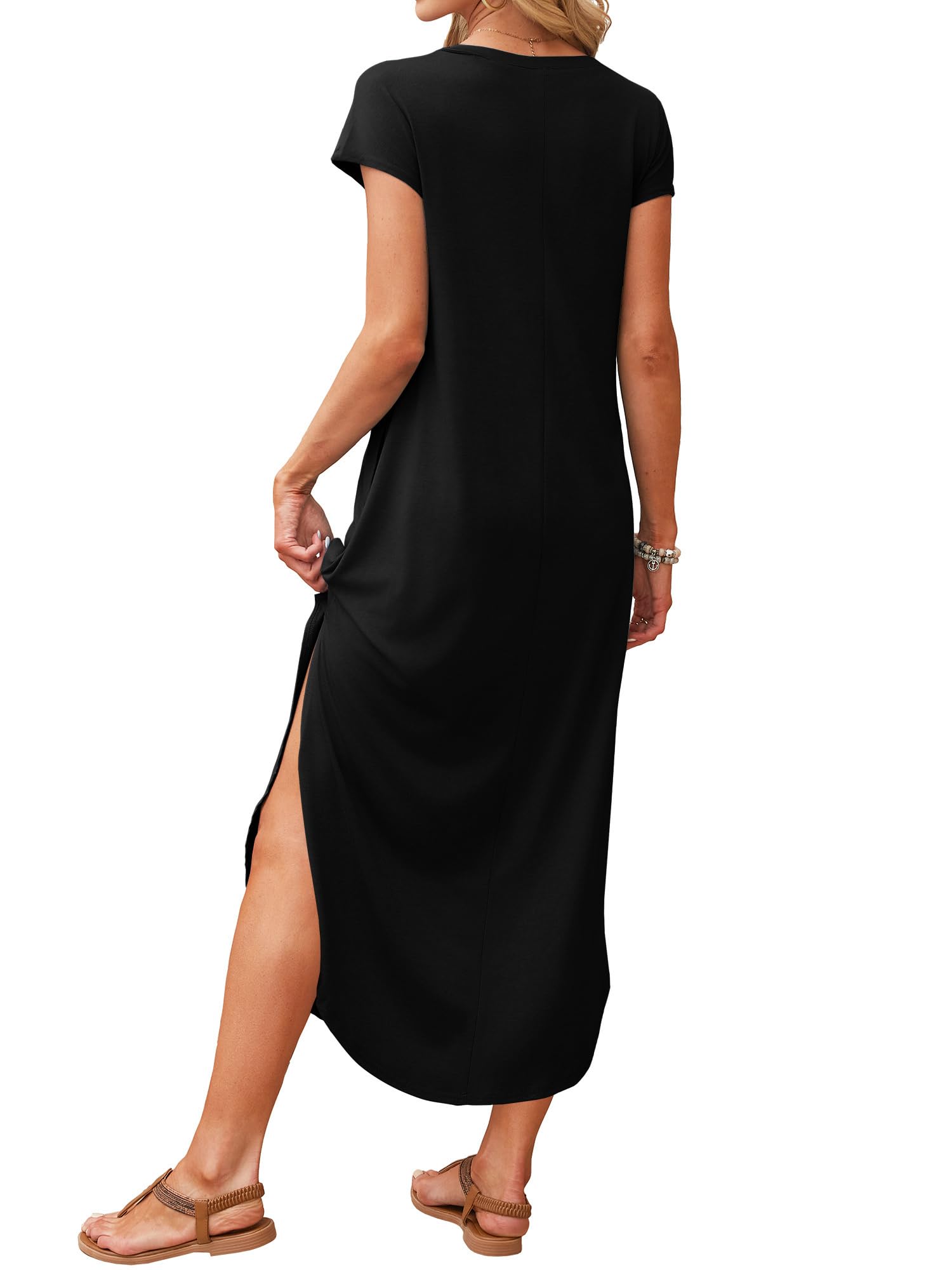 Summer Casual Maxi Dresses for Women Cap Sleeve Long Sundress with Pockets