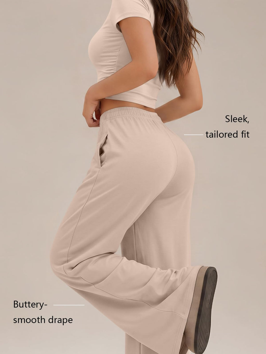 Trendy Queen 2 Piece Matching Summer Lounge Set Womens Side Ruching Top Wide Leg Pants Sets with Pockets - Almond