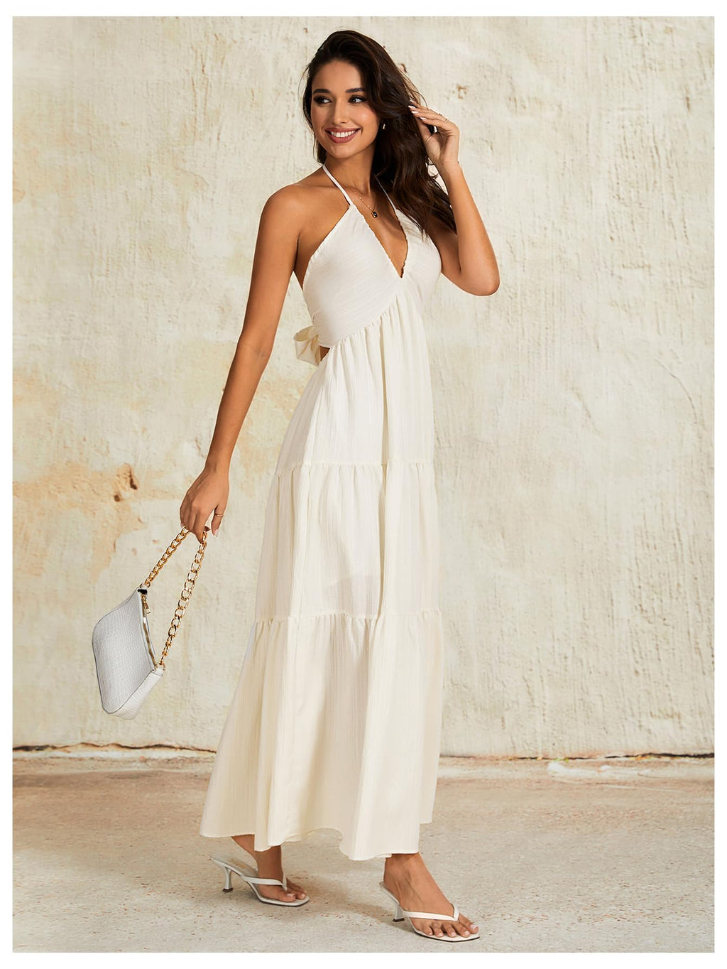 OYOANGLE Women's Summer Beach Halter Sundress Formal Wedding Guest Dress Backless Flowy Vacation Boho Maxi Dresses
