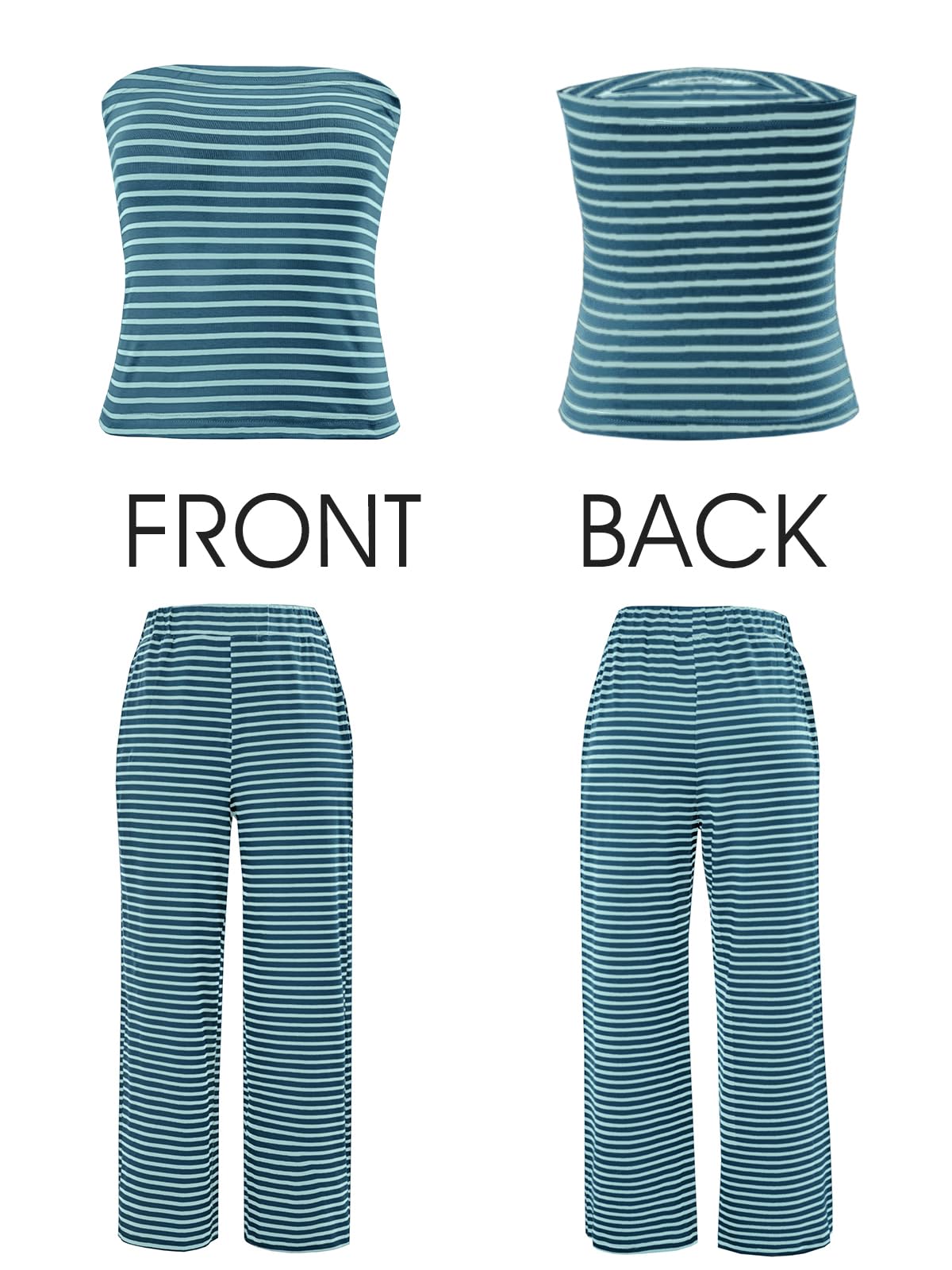 Tankaneo Womens Striped 2 Piece Sets Summer Strapless Crop Tube Tops Wide Leg Pants Matching Lounge Set Vacation Outfits