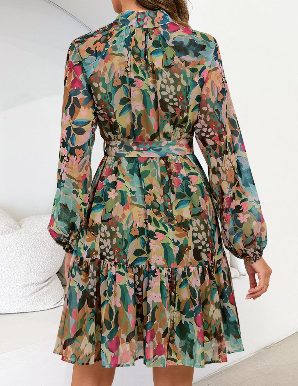 ZESICA Womens Spring Summer Floral Mini Dress Long Sleeve Button Chiffon A Line Swing Short Wedding Guest Party Dresses