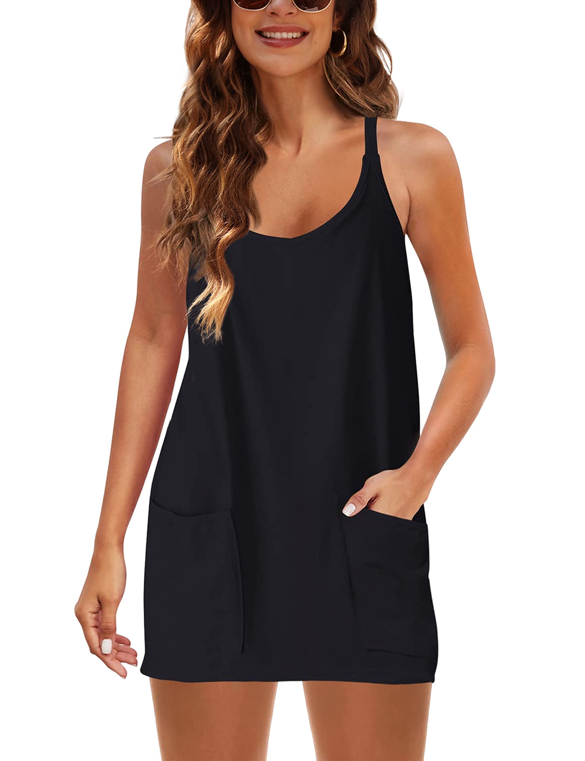 Lentta Womens Athletic Sleeveless Mini Dress with Built-in Shorts V Neck Spaghetti Strap Sundress