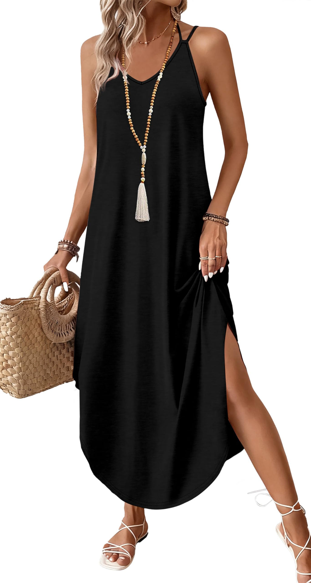 Boho Halter Maxi Dress for Summer Vacation - Black