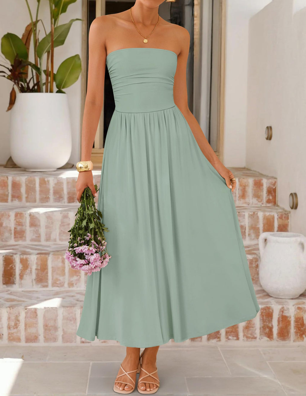 ZESICA Women's Summer Sleeveless Midi Dress 2026 Strapless Ruched A Line Flowy Wedding Guest Party Beach Long Dresses