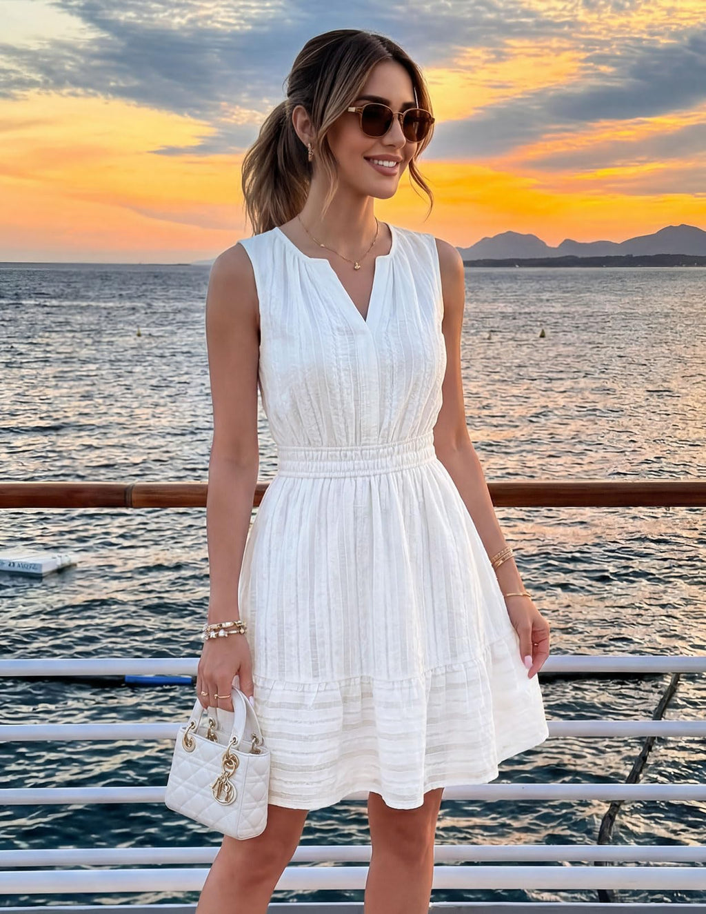 MEROKEETY Women's 2026 Summer Casual Mini Sundress Beach Vacation Sleeveless V Neck Flowy A Line Dress with Pockets - White