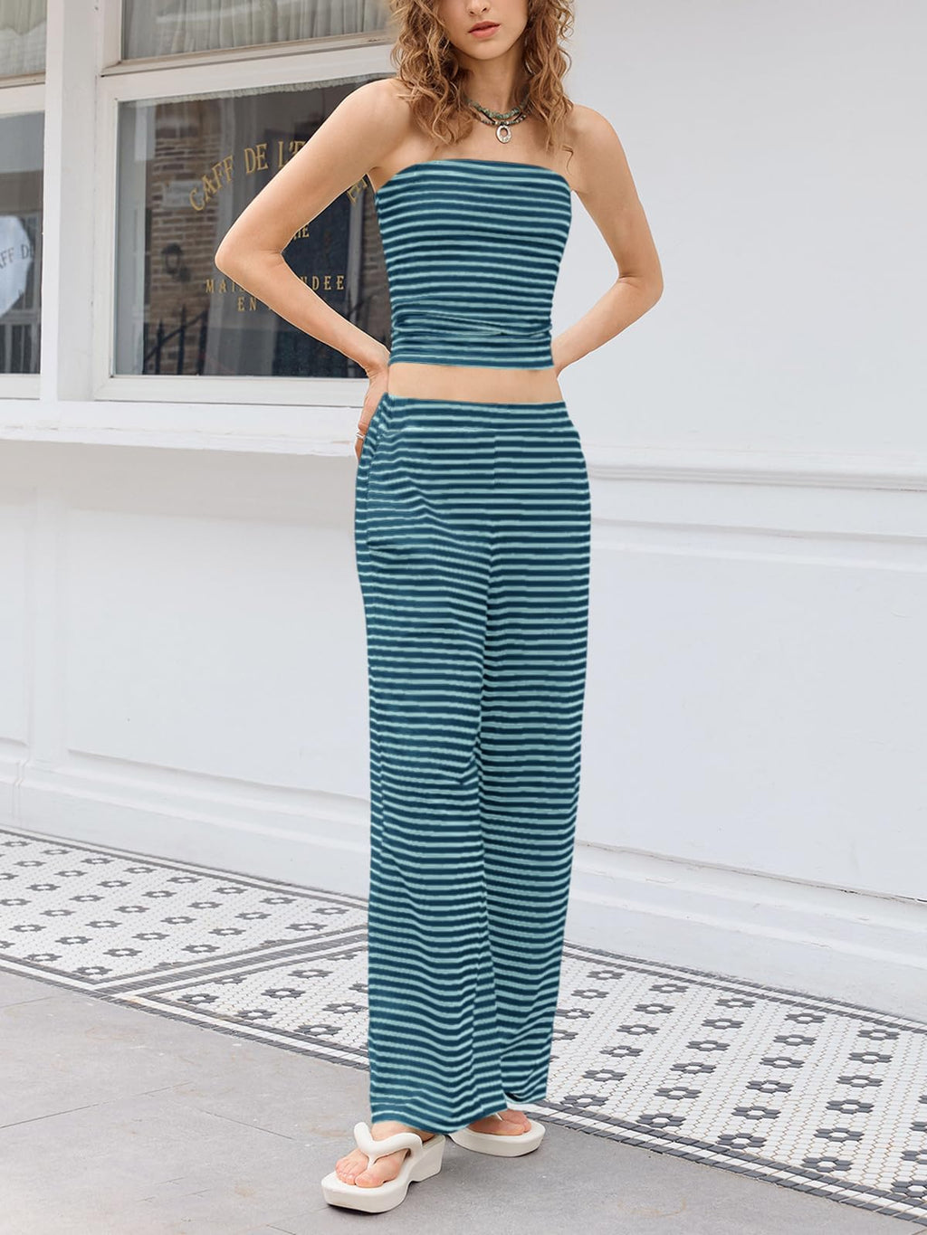 Tankaneo Womens Striped 2 Piece Sets Summer Strapless Crop Tube Tops Wide Leg Pants Matching Lounge Set Vacation Outfits