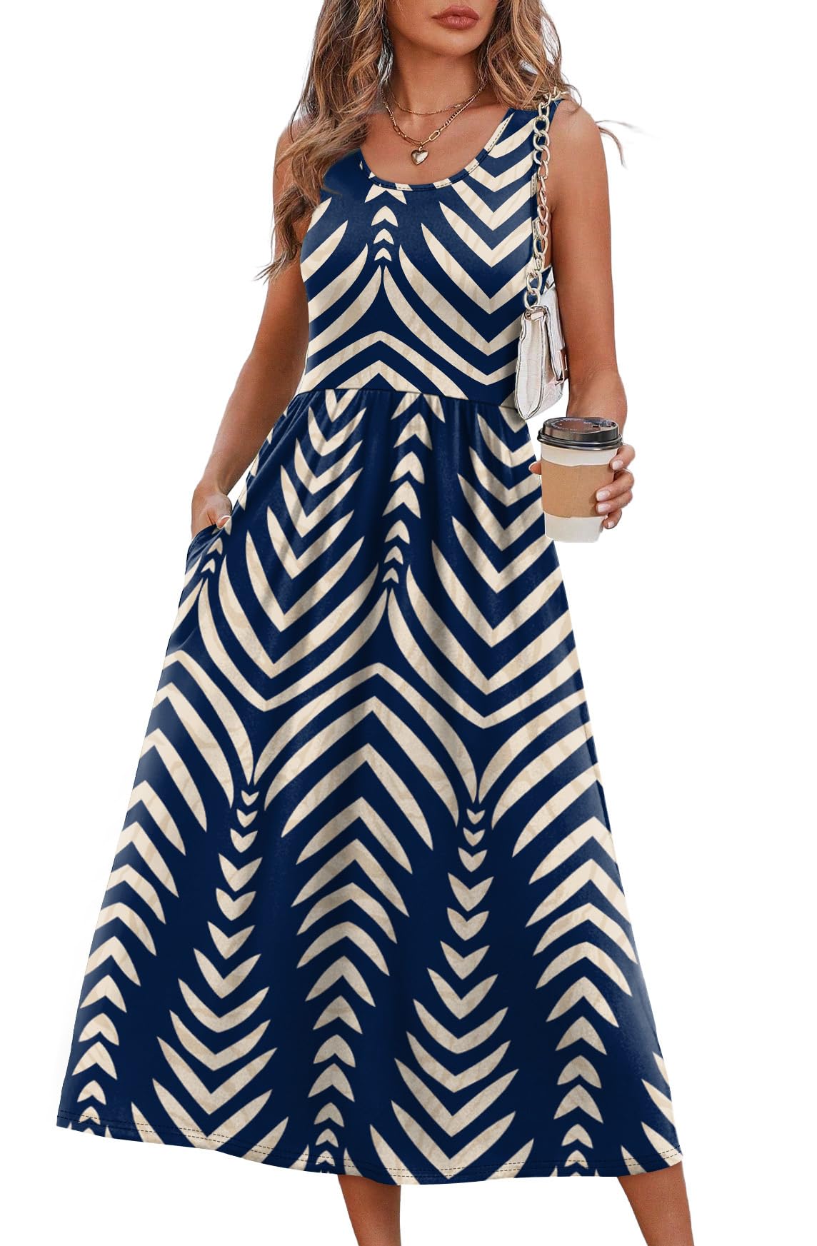 Midi Dress for Summer Vacation - Navy Print