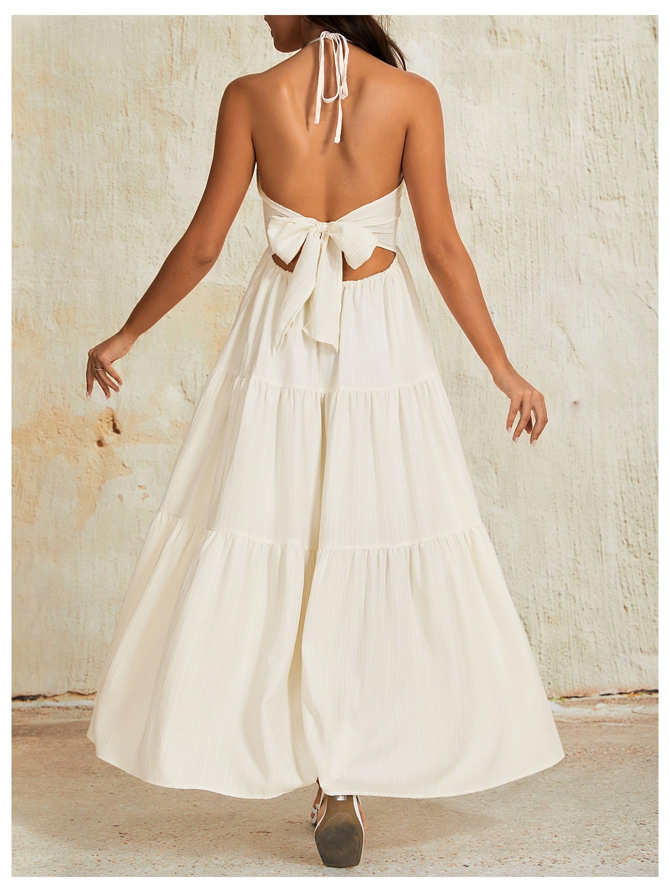 OYOANGLE Women's Summer Beach Halter Sundress Formal Wedding Guest Dress Backless Flowy Vacation Boho Maxi Dresses