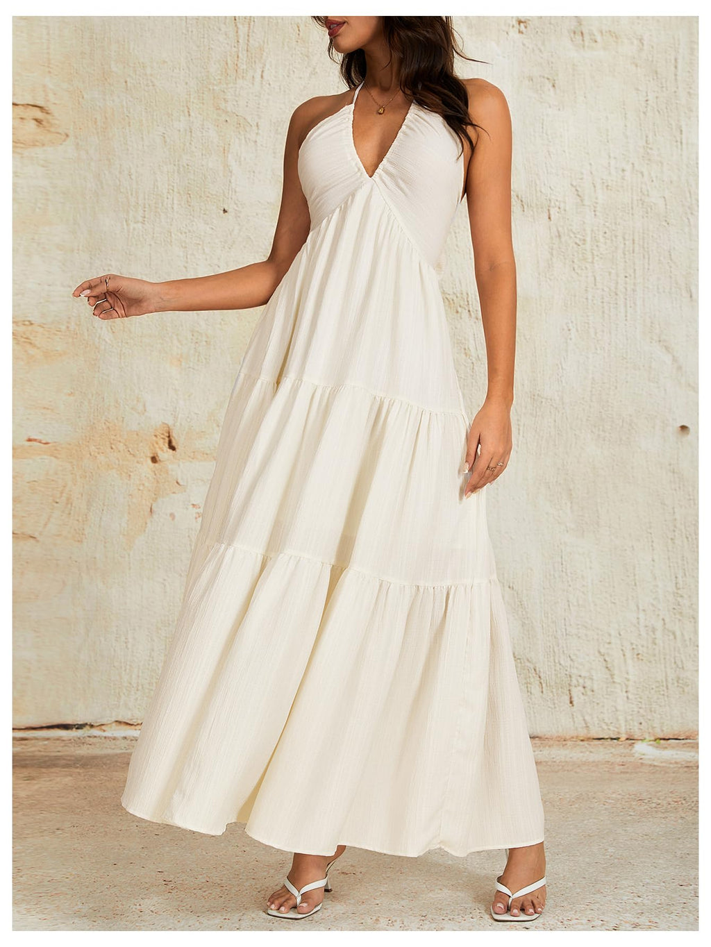 OYOANGLE Women's Summer Beach Halter Sundress Formal Wedding Guest Dress Backless Flowy Vacation Boho Maxi Dresses