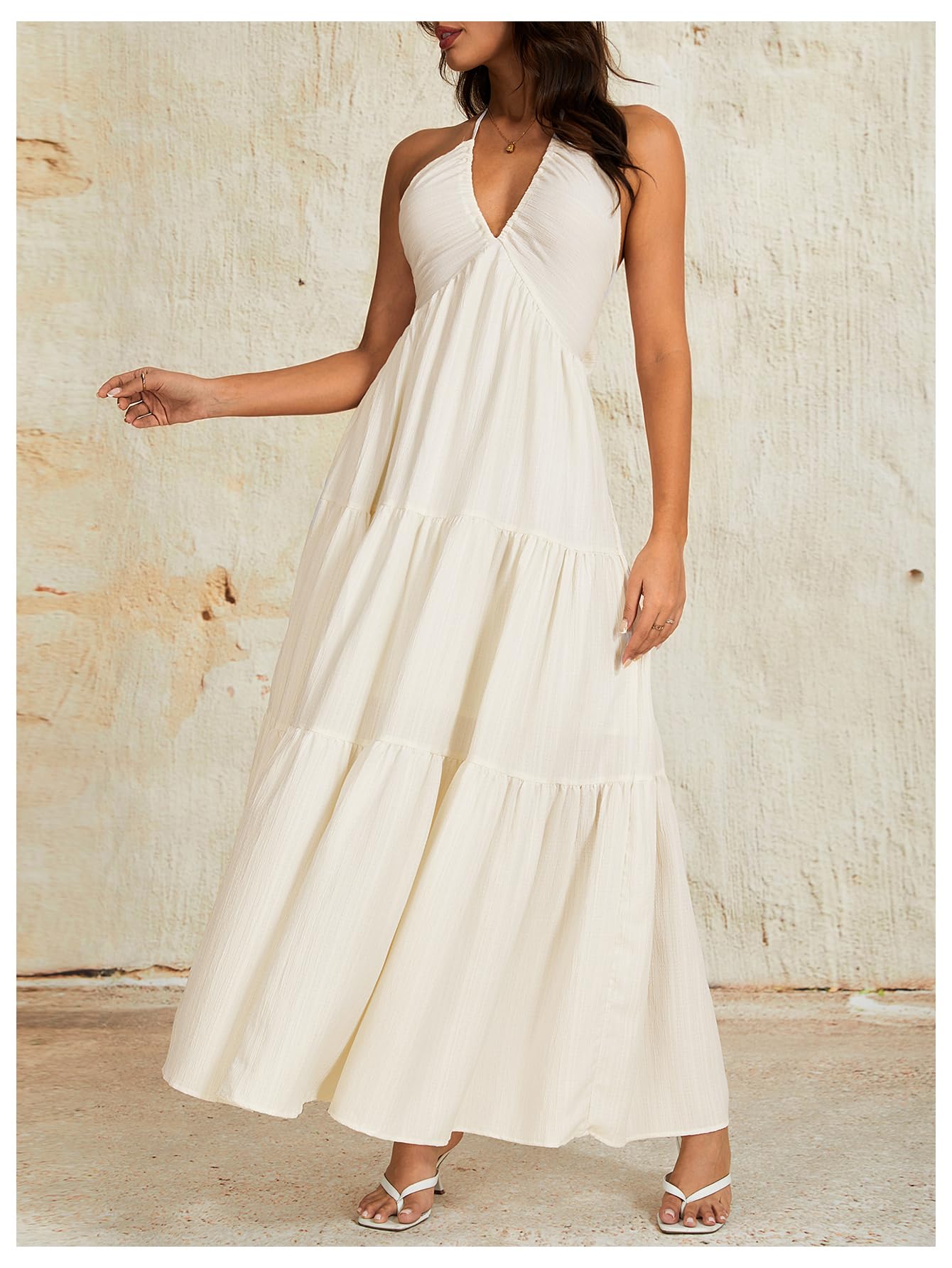 OYOANGLE Women's Summer Beach Halter Sundress Formal Wedding Guest Dress Backless Flowy Vacation Boho Maxi Dresses