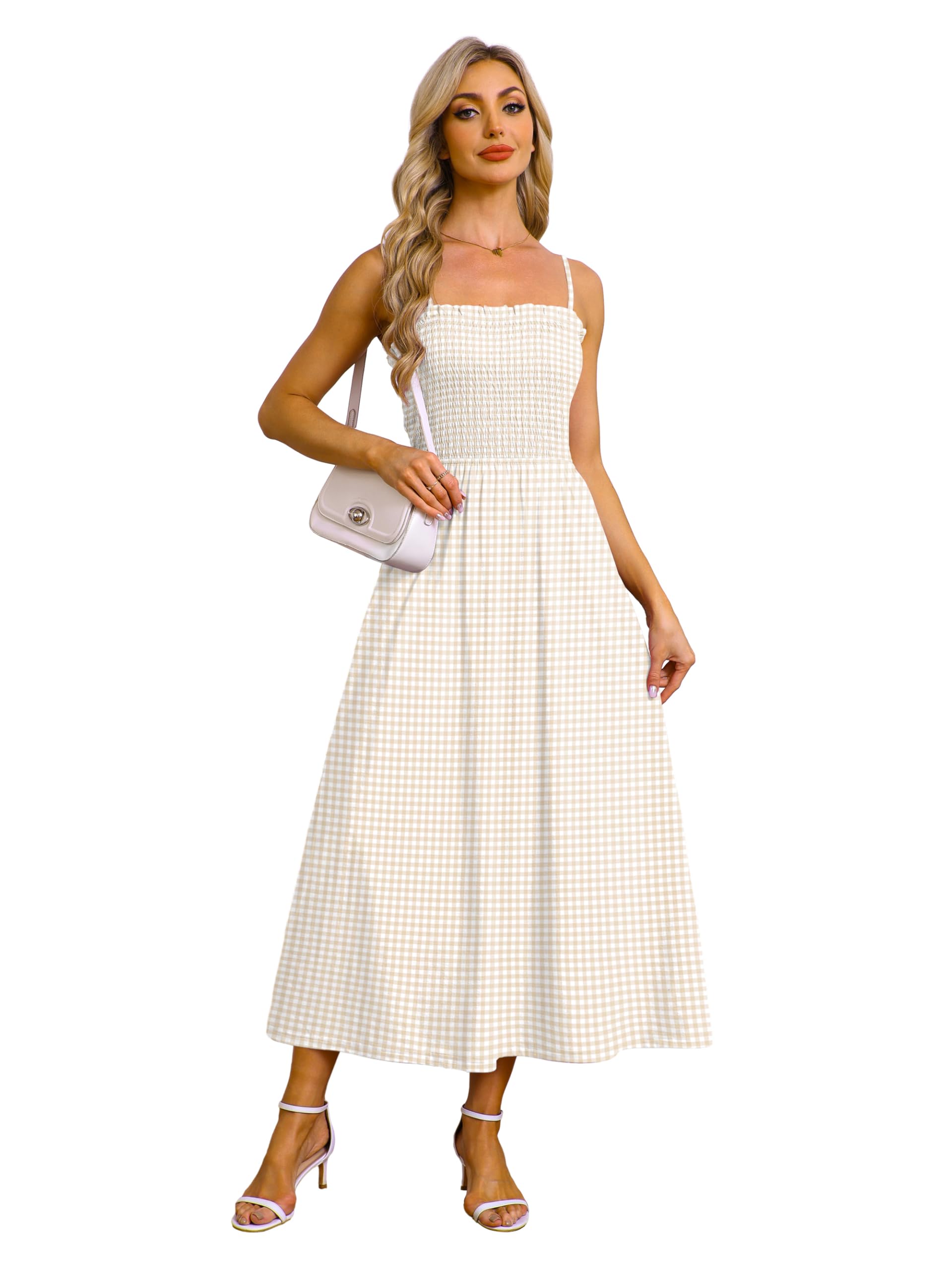 OFEEFAN Womens Spaghetti Strap Maxi Dresses Smocked with Pockets 2026 Summer Spring Casual Boho Beach Long Sundresses
