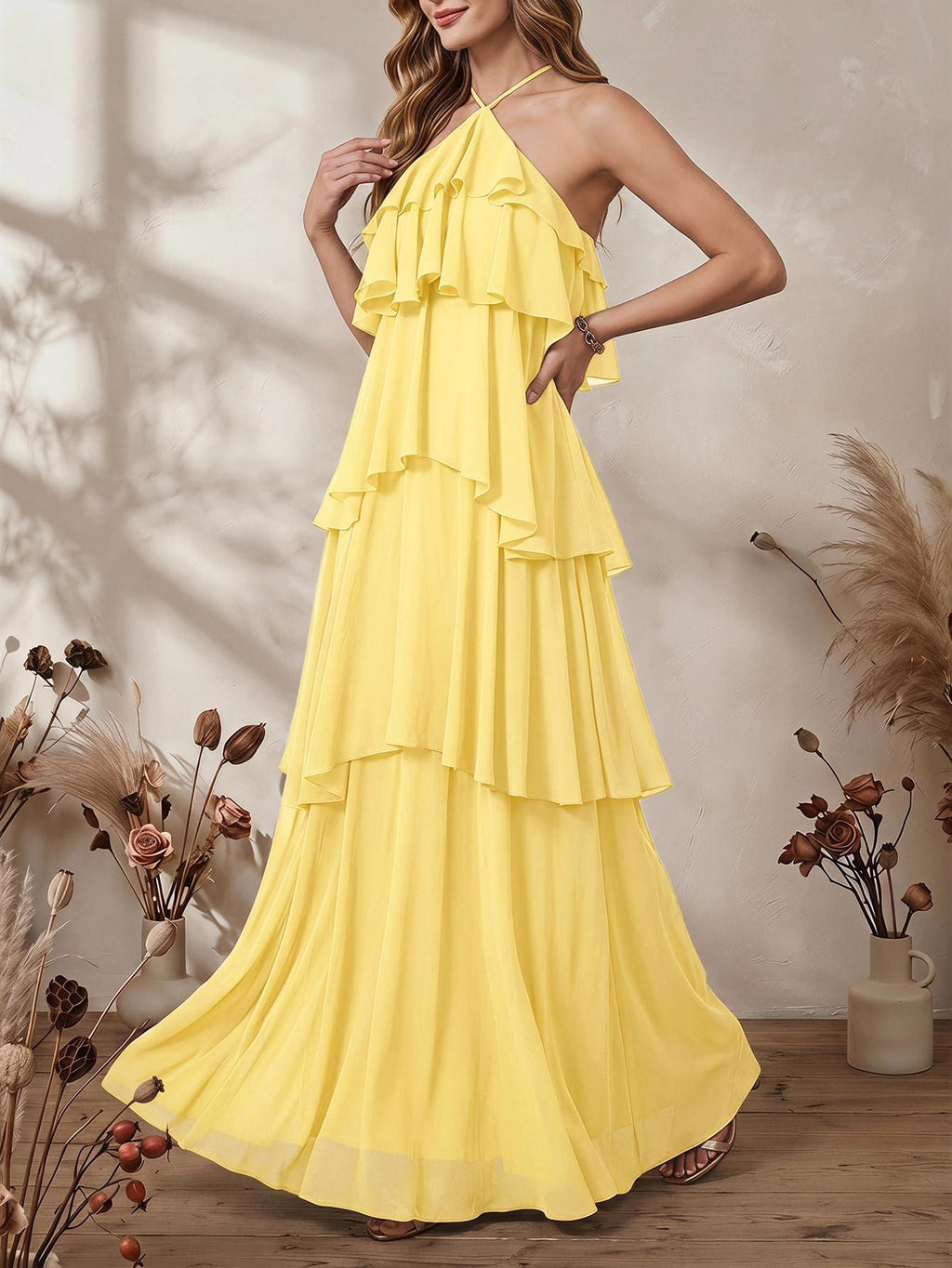 SOLY HUX Women's Wedding Guest Dress Sundresses Ruffle Layered Halter Backless Flowy Formal Maxi Dresses