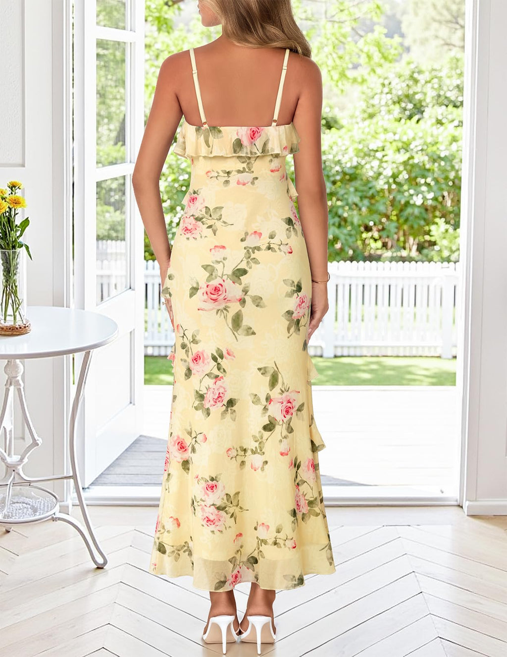 MEROKEETY Summer Floral Wedding Guest Maxi Dress Women 2026 Vacation Formal Bodycon Spaghetti Strap Cocktail Party Long Dress