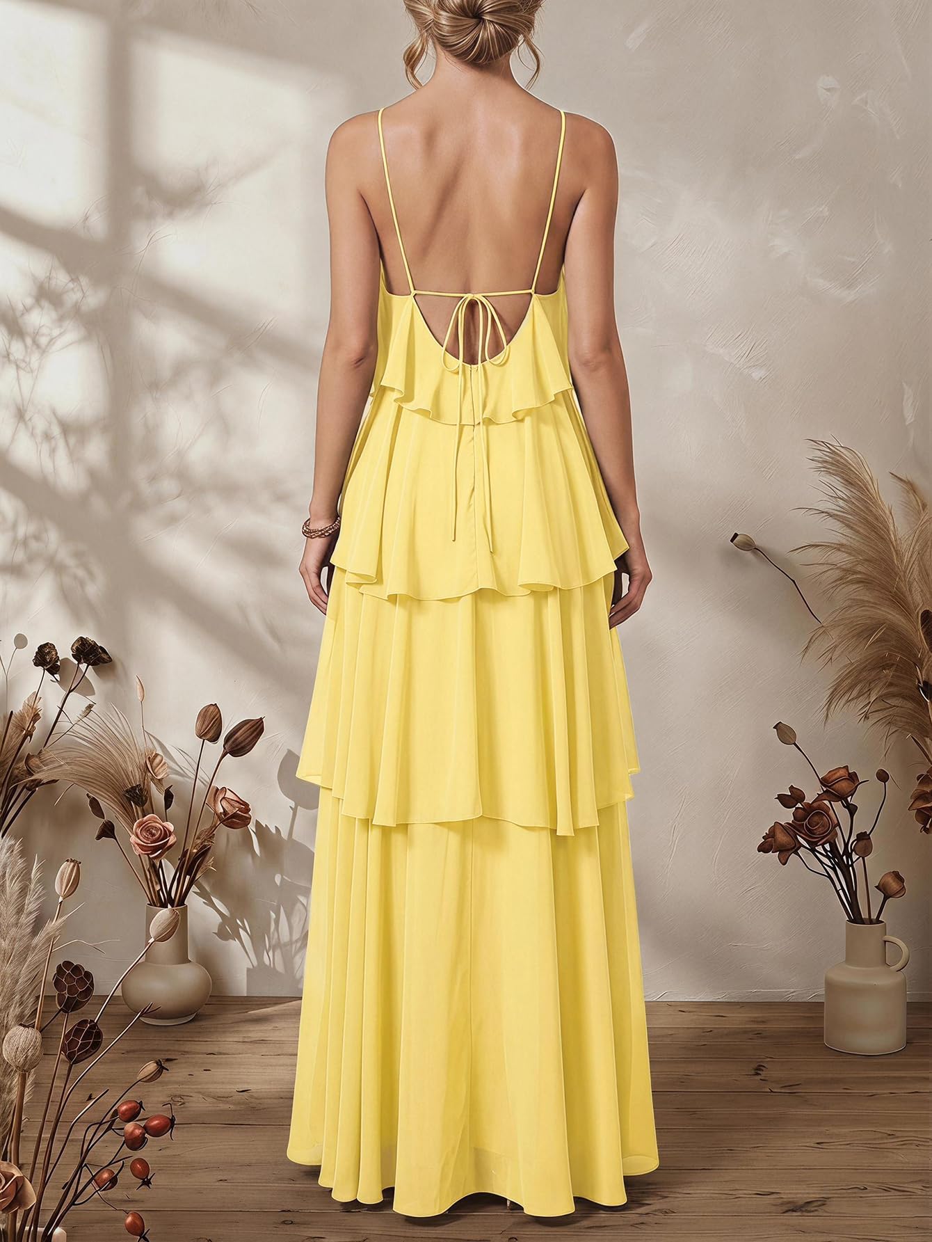 SOLY HUX Women's Wedding Guest Dress Sundresses Ruffle Layered Halter Backless Flowy Formal Maxi Dresses