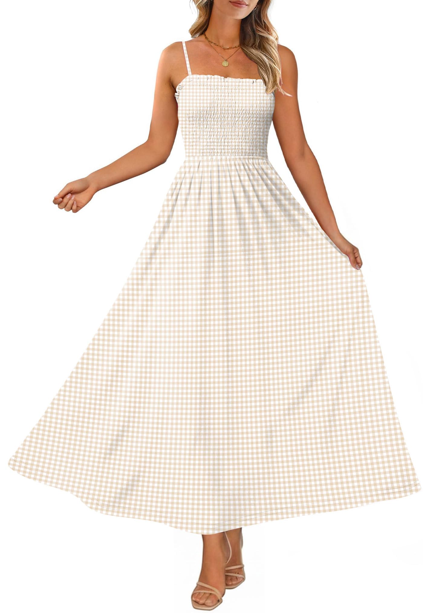 OFEEFAN Womens Spaghetti Strap Maxi Dresses Smocked with Pockets 2026 Summer Spring Casual Boho Beach Long Sundresses
